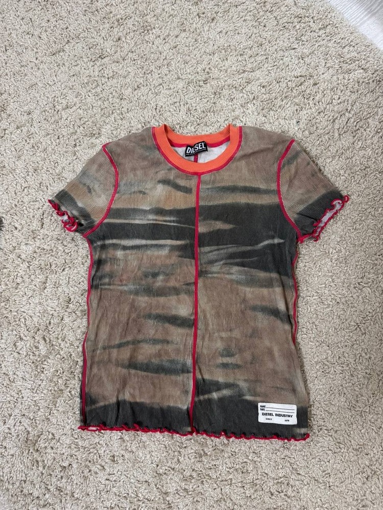 Vintage Diesel Industry Mesh T-Shirt Y2K Cyber Grunge Camo Ribbed Top Women's S