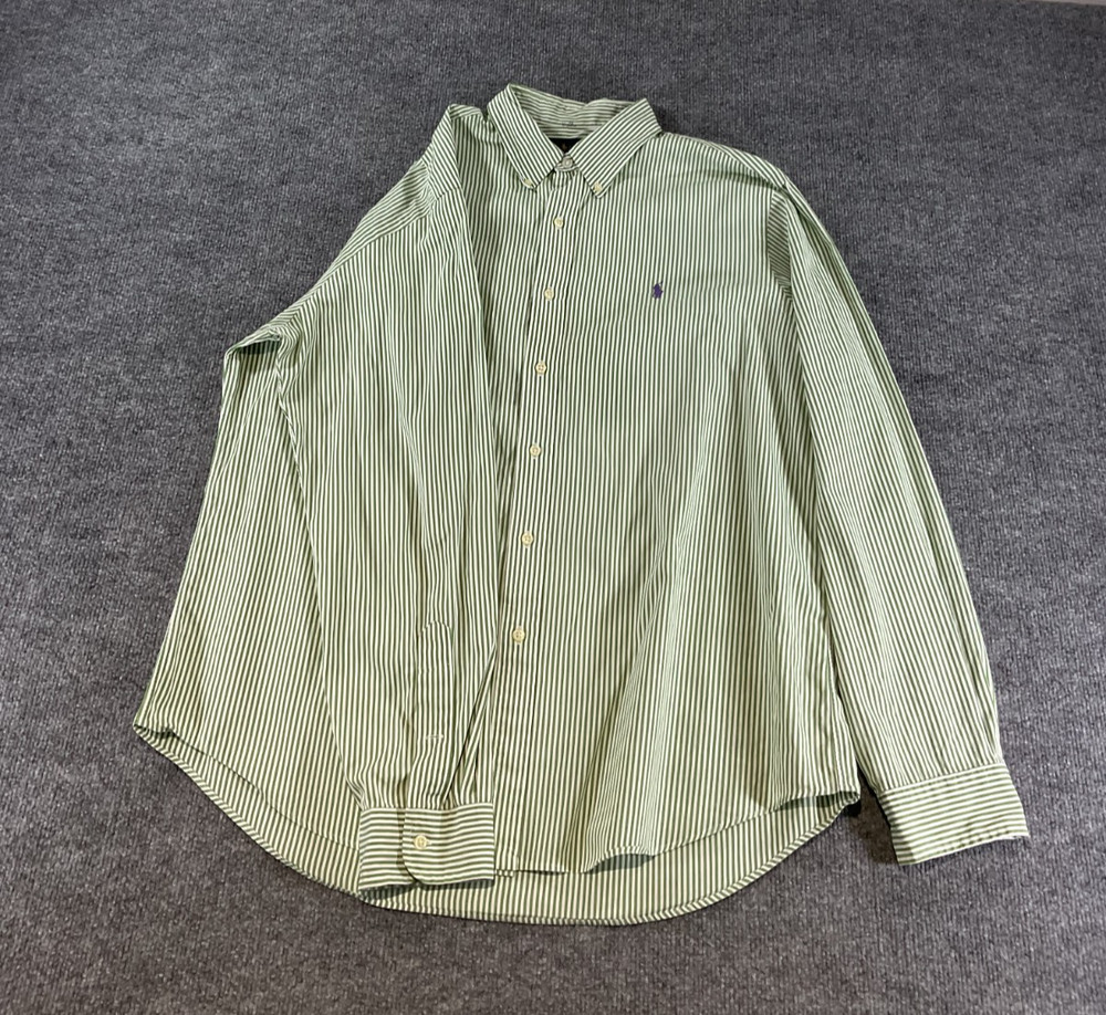 Polo Ralph Lauren XL Green White Striped Button Down Shirt Purple Pony Cotton