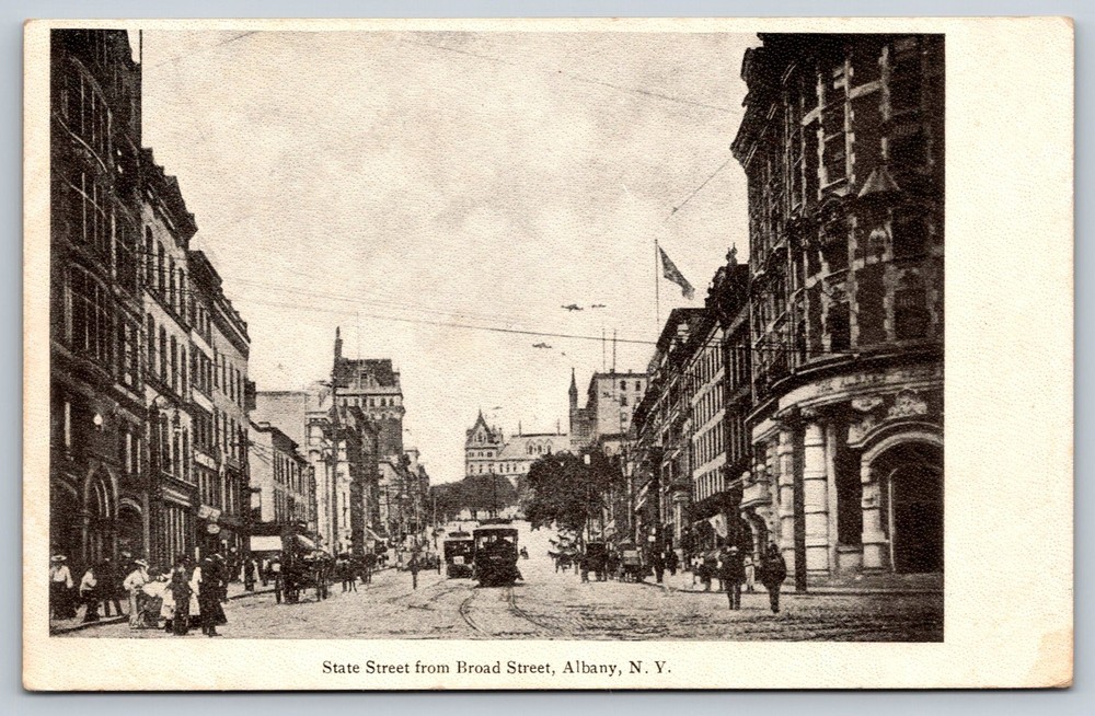 State Street From Broad Street Albany NY Postcard 1900s Trolley Busy Street View