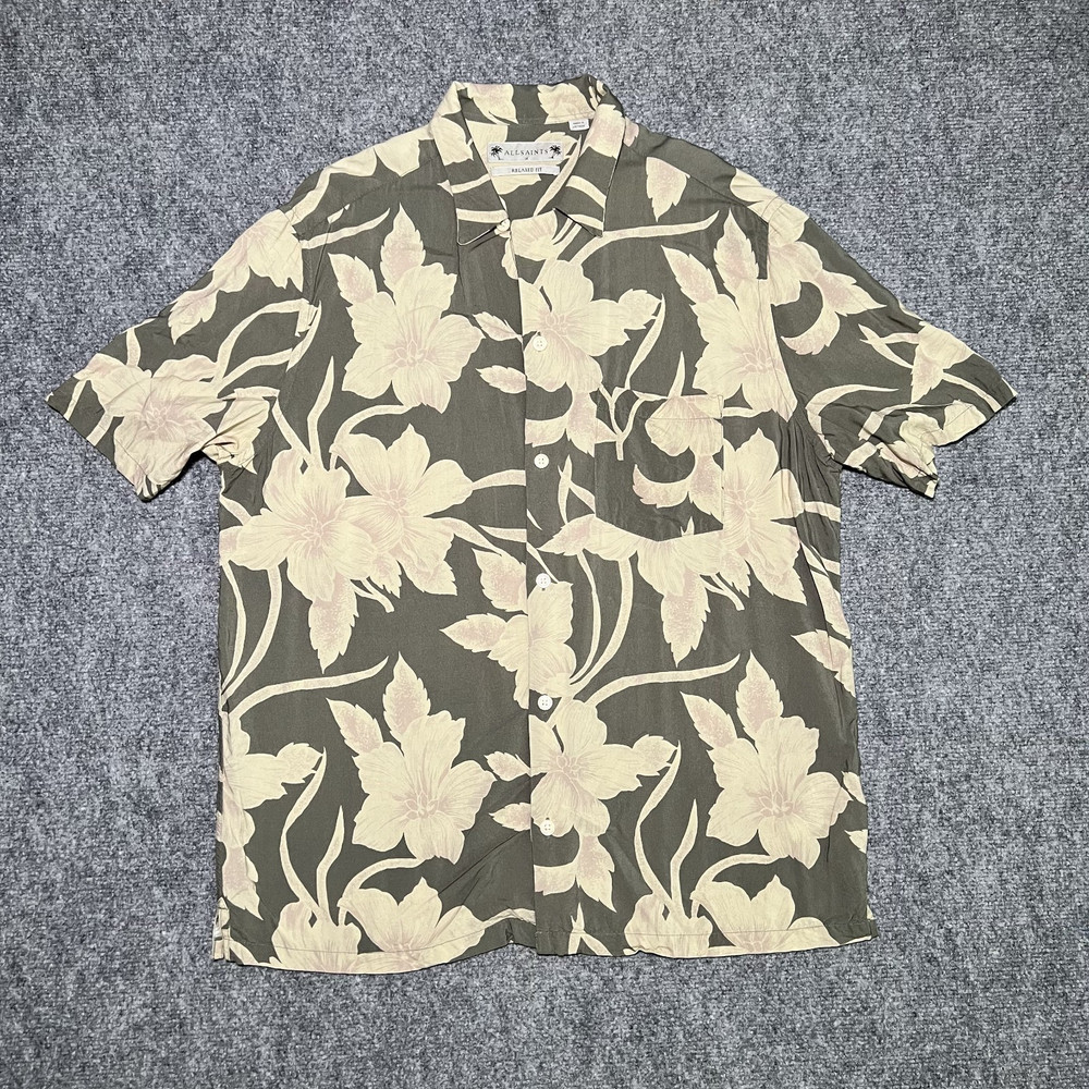 AllSaints Floral Button Up Short Sleeve Hawaiian Beige/Brown Medium Relaxed Fit