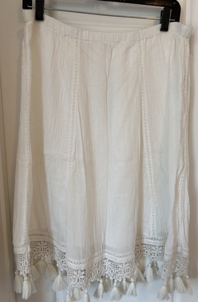 Soft Surroundings Ivory Cotton Gauze Skirt Crochet Trim, Tassels, Size M