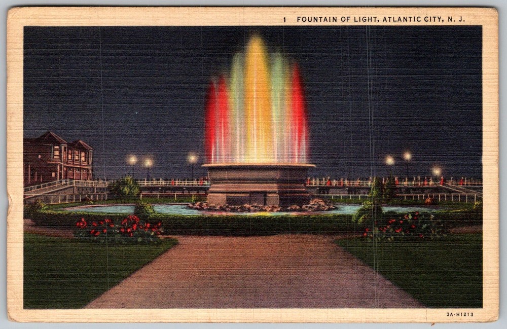 Vtg Linen Postcard Fountain Of Light Atlantic City, NJ 1930s