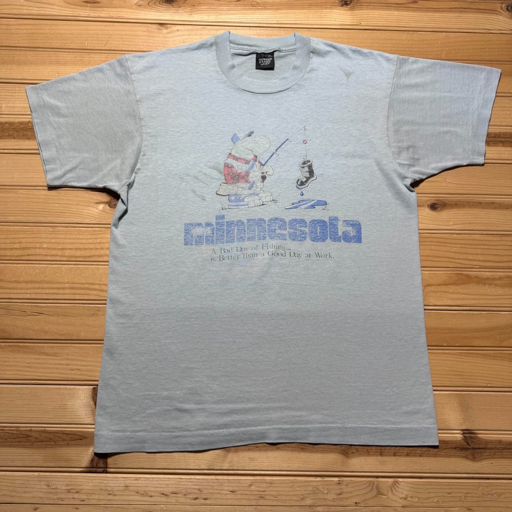 Vintage 80s Minnesota Bad Day of Fishing Cartoon Funny Graphic T-Shirt USA Large