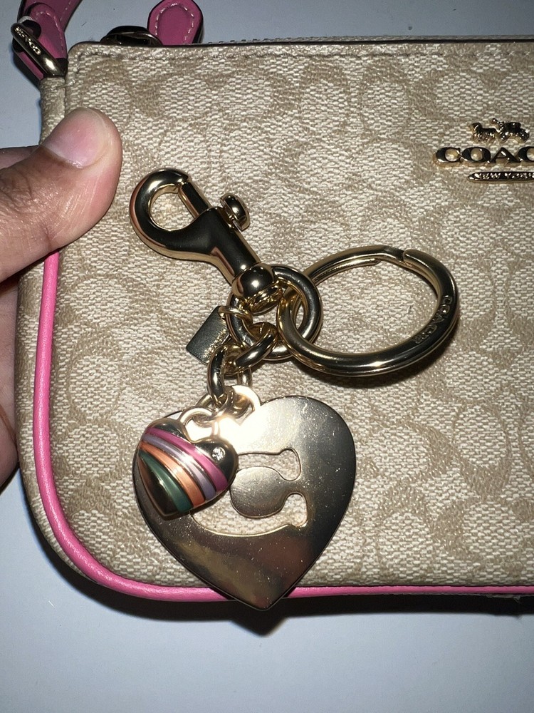 COACH Pink Gold Stripe Heart Keychain Bag Charm New Without Tags