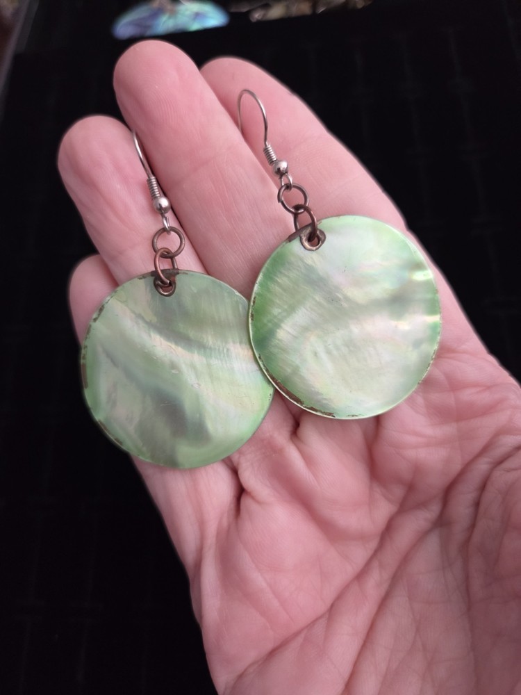 Vintage MOTHER OF PEARL Earrings Large Green Circles Pierced Dangles BOHO