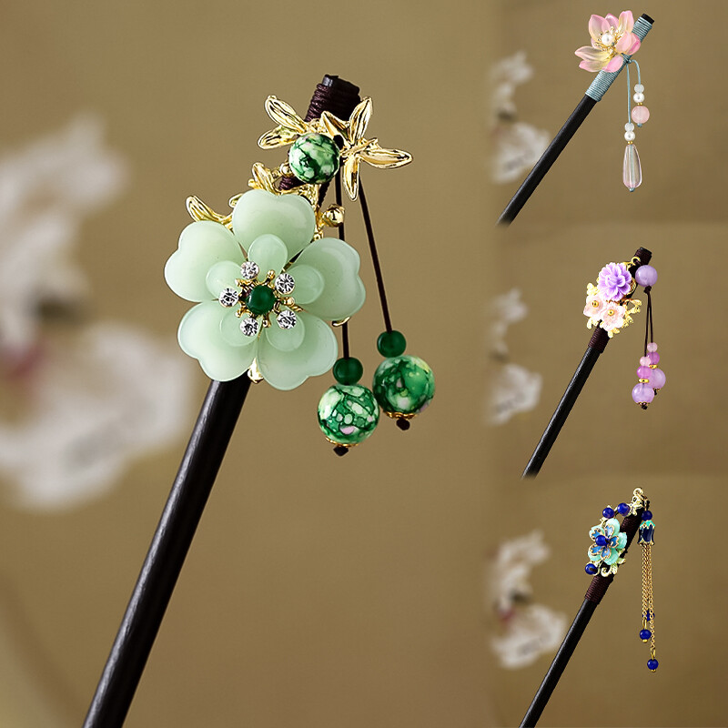 Womens Beads Flower Wood Hair Stick Chinese Style Chopstick Hairpin Headwear