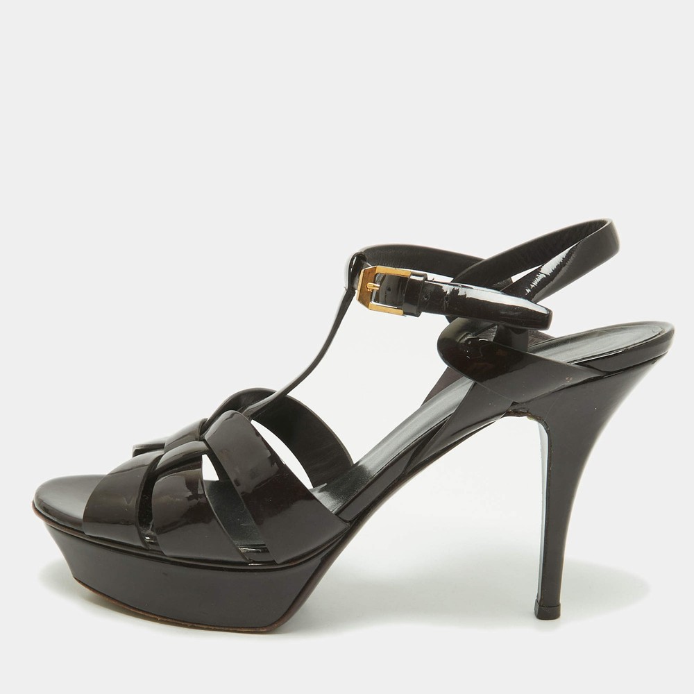 Saint Laurent Paris Tribute Size 40 Burgundy Patent Leather Ankle Strap Sandals