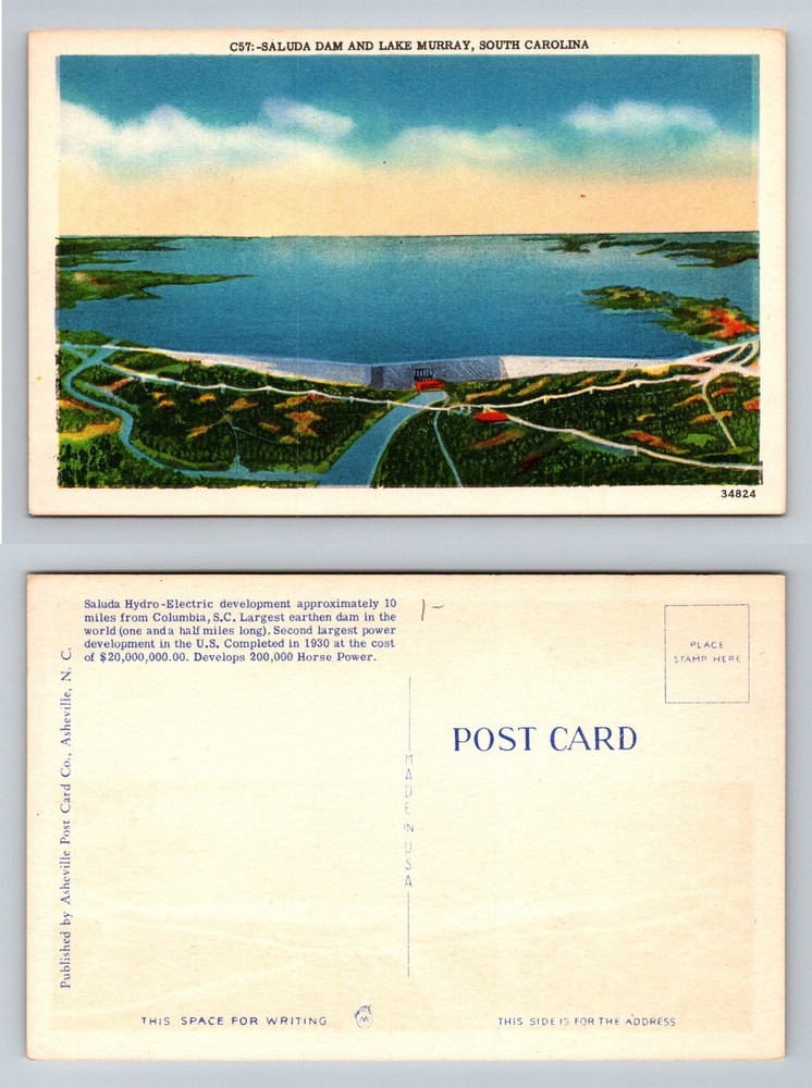 Columbia, SC-South Carolina, Saluda Dam and Lake Murray Aerial Vintage Postcard