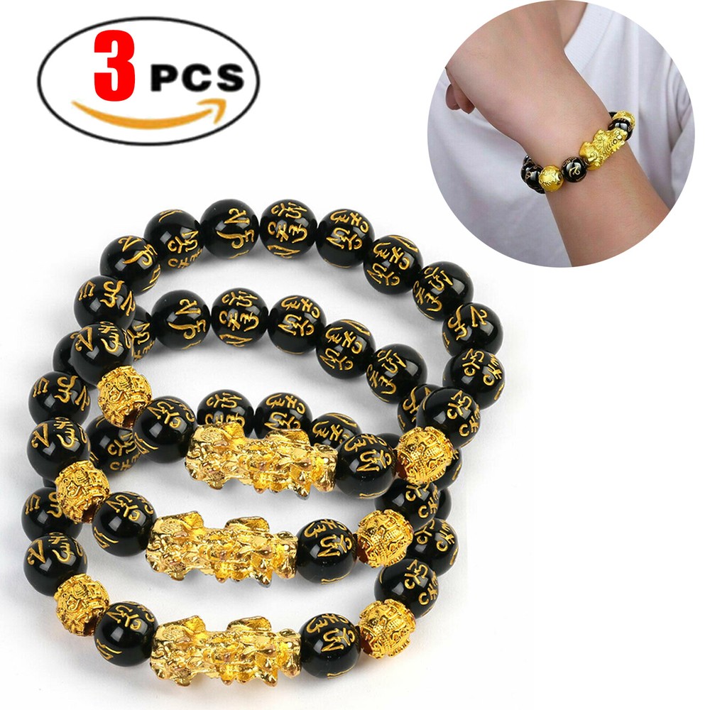 3X Feng Shui Black Obsidian Pixiu Bracelet Wealth Good Luck Dragon Glass Jewelry
