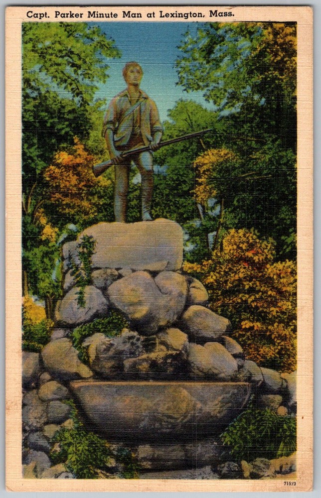 Vtg Linen Postcard Capt Parker Minute Man Lexington, MA 1930s
