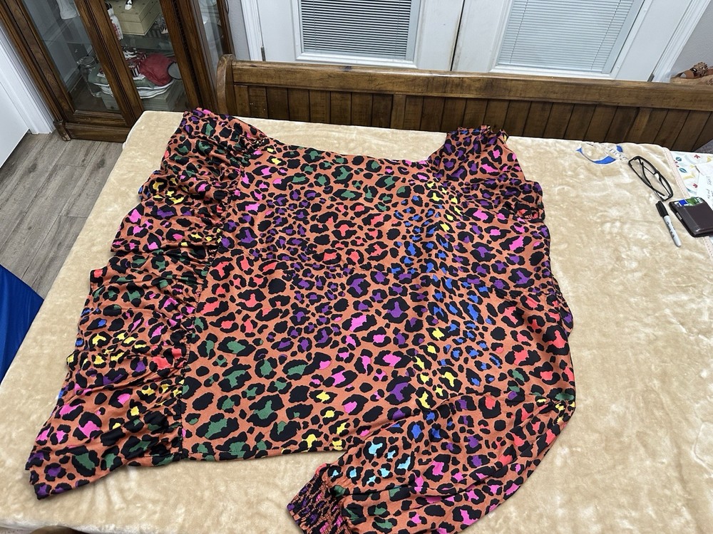 Fate Women’s Plus 3X Multicolor Leopard Animal Print Ruched Long Sleeve Blouse