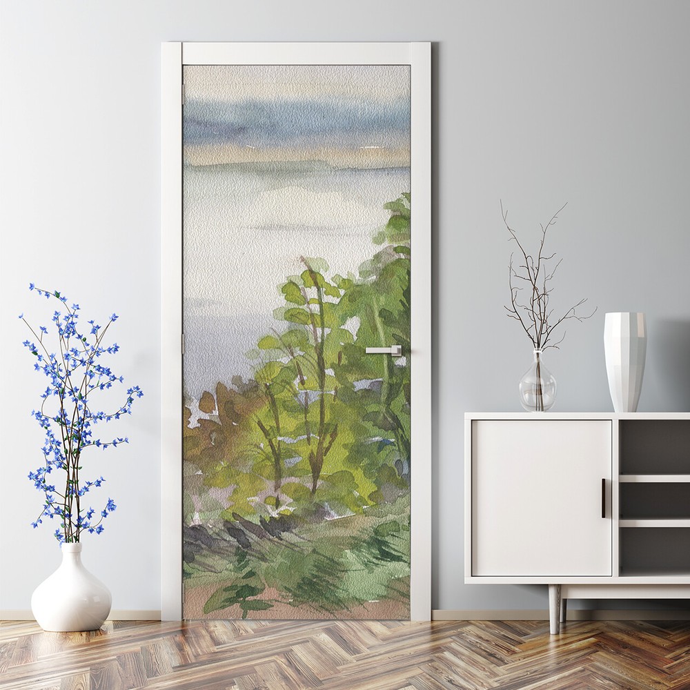 Spring Watercolor Landscape Decal - Bubble-Free Self-Adhesive Door Sticker