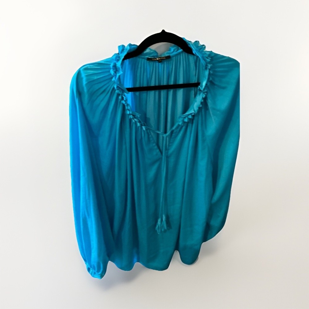 Kobi Halperin Blue Ruffle Tie V-Neck Long Sleeve Women's Regular Blouse XXL