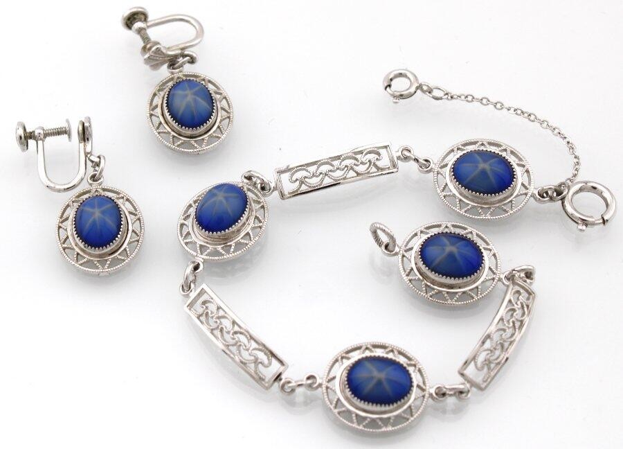 Vintage Amco 14K Go Blue Lindy Star Link Bracelet Dangle Earring Set Filigree