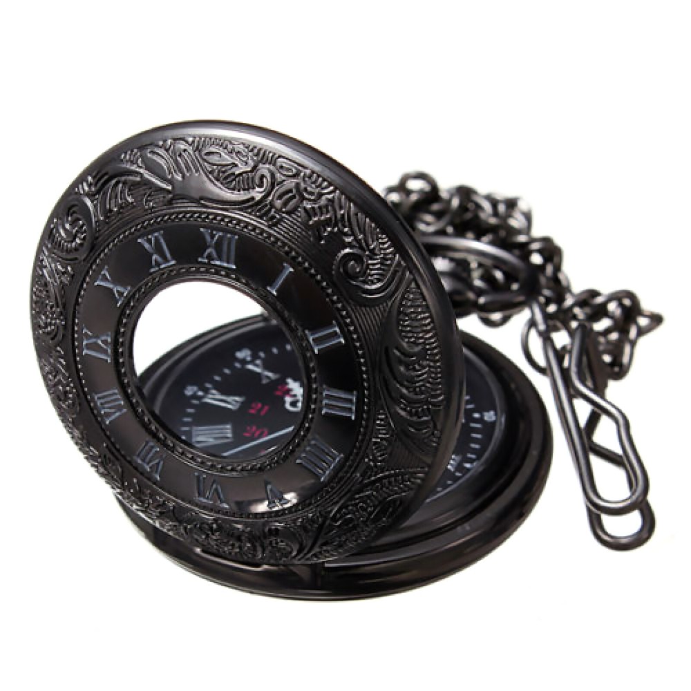 Vintage Steampunk Black Quartz Pocket Watch Necklace with Chain Gift