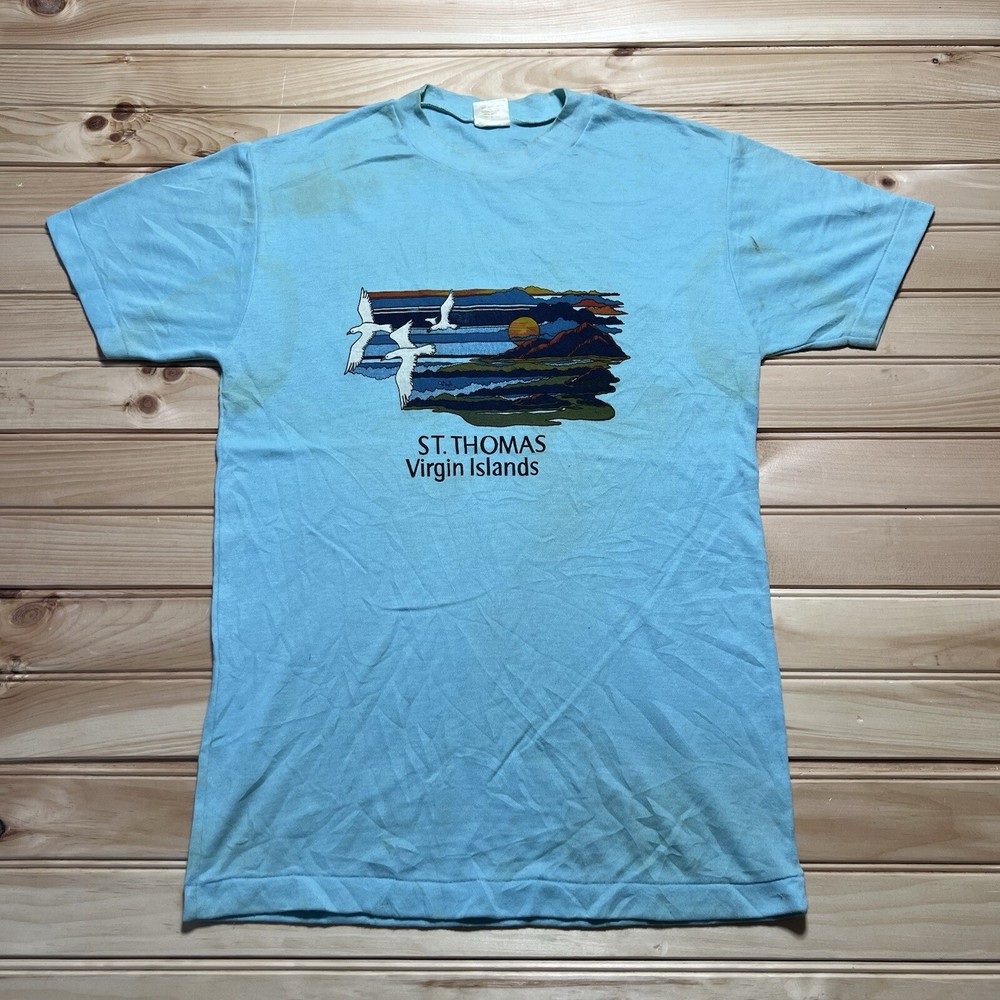Vintage 80s St Thomas Virgin Islands Nature Sunset Bird Shirt Size Large