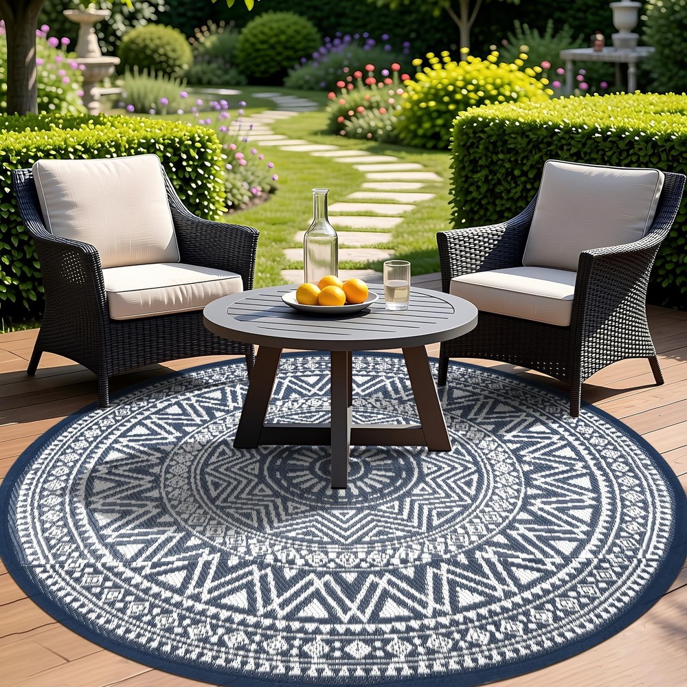 Outdoor Rug Waterproof 6ft Round, Reversible Boho Plastic Straw Patio Camping...