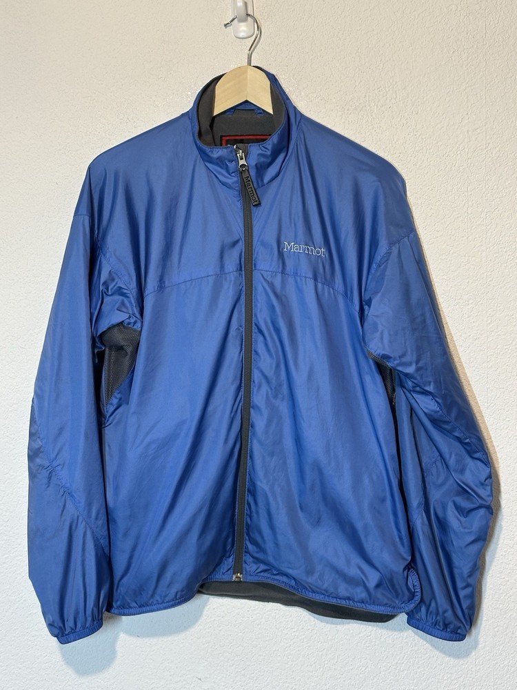 Marmot Womens Large Windbreaker Fleece Lined Blue Zip Vented Pockets 1 Inside