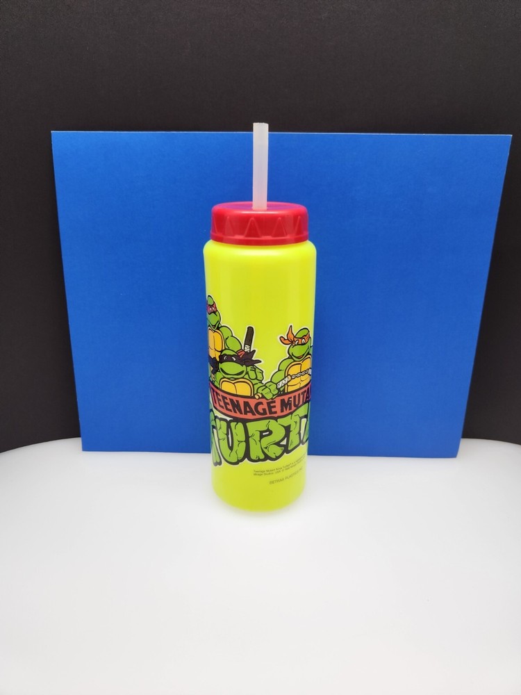 Vintage 1988 Teenage Mutant Ninja Turtles TMNT Water Bottle & Straw Yellow