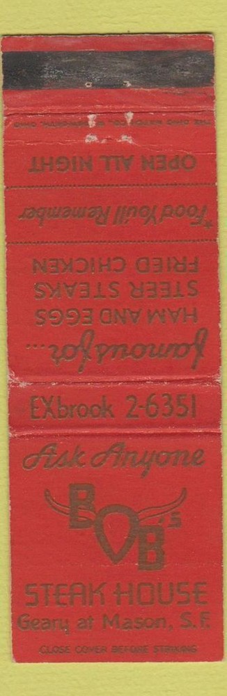 Matchbook Cover - BOB Steak House San Francisco CA WEAR