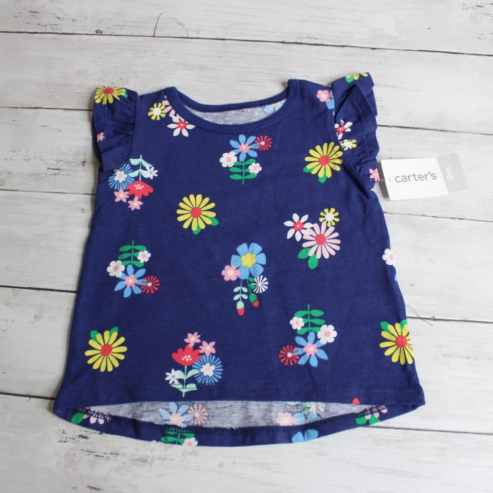 Carter's Baby Girl's Tunic Top Size 6 9 Months Navy Blue Yellow Floral Daisy