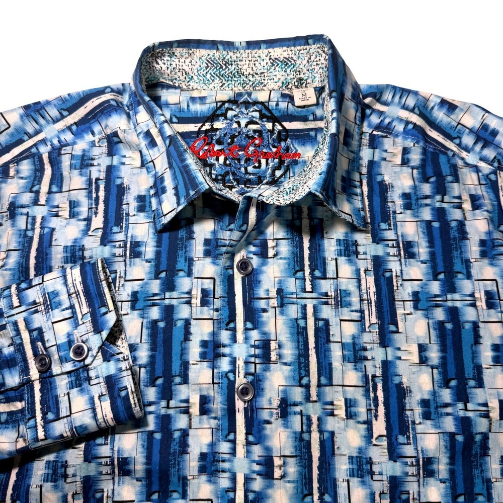 Robert Graham Mens Blue Geometric Abstract Button Down Shirt Classic Fit Medium