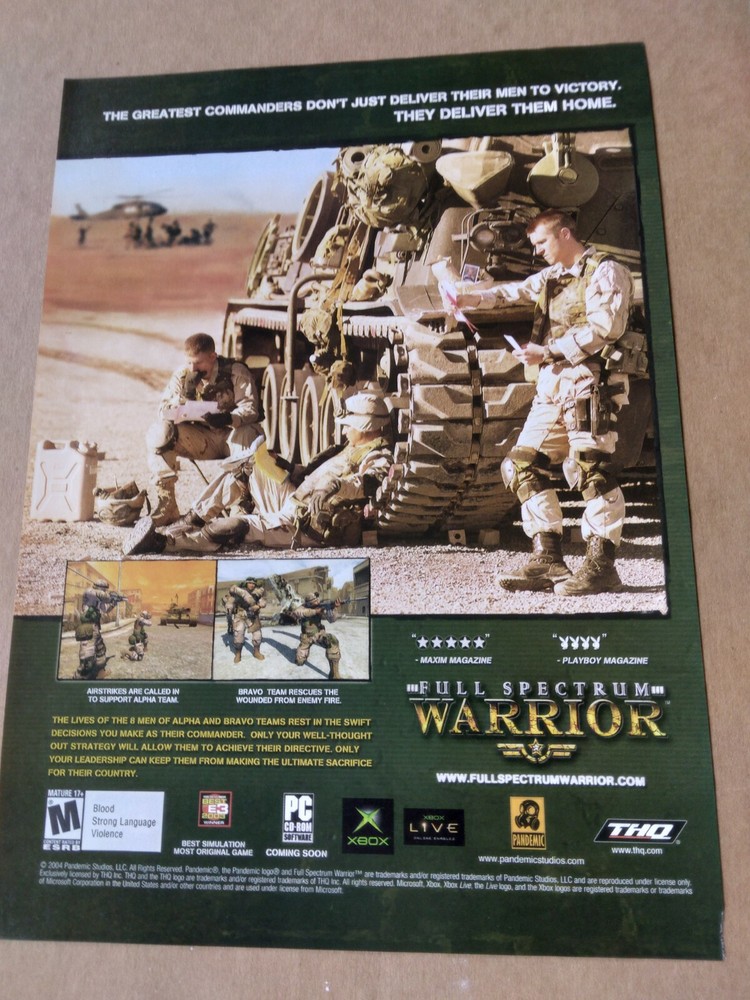 2004 Video Game Promo Print Ad FULL SPECTRUM WARRIOR, PC XBOX PANDEMIC STUDIOS