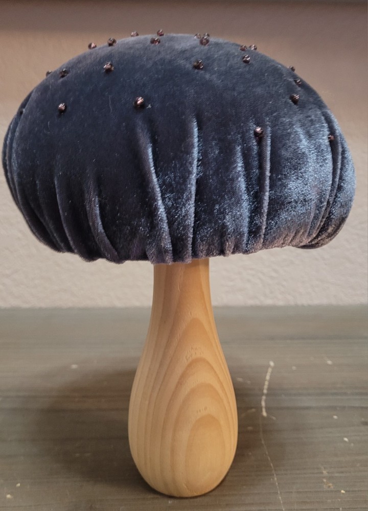Flora Bunda Gray Velvet Mushroom Beaded Accent Retro Shelf Sitter Decor