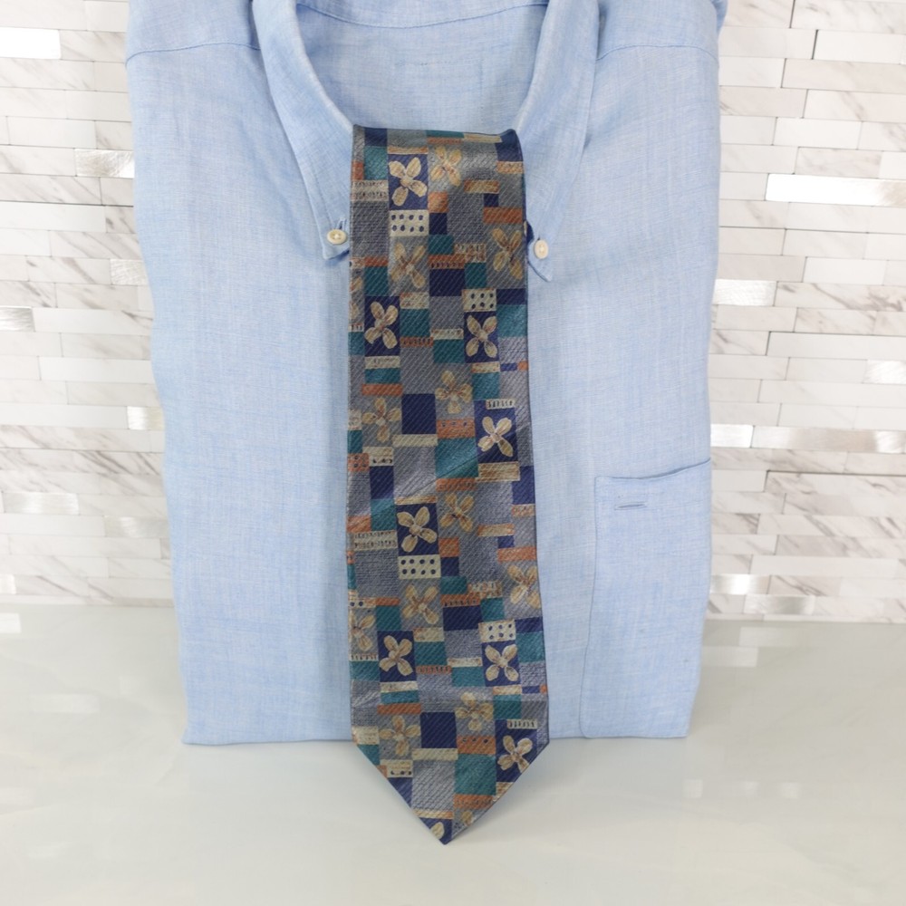 Aramis Neck Tie Men Blue Multicolor Geometric Floral Patchwork Silk Satin Glossy