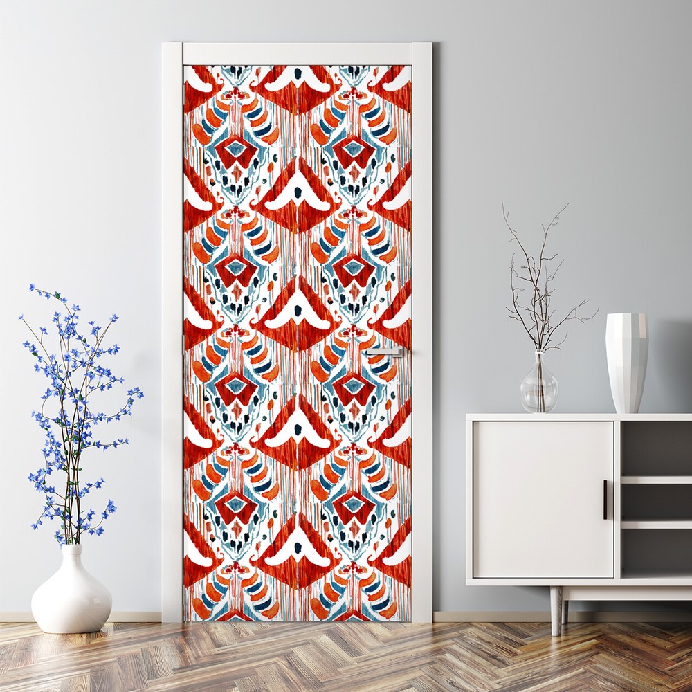 Bohemian ikat watercolor self-adhesive red blue door decal