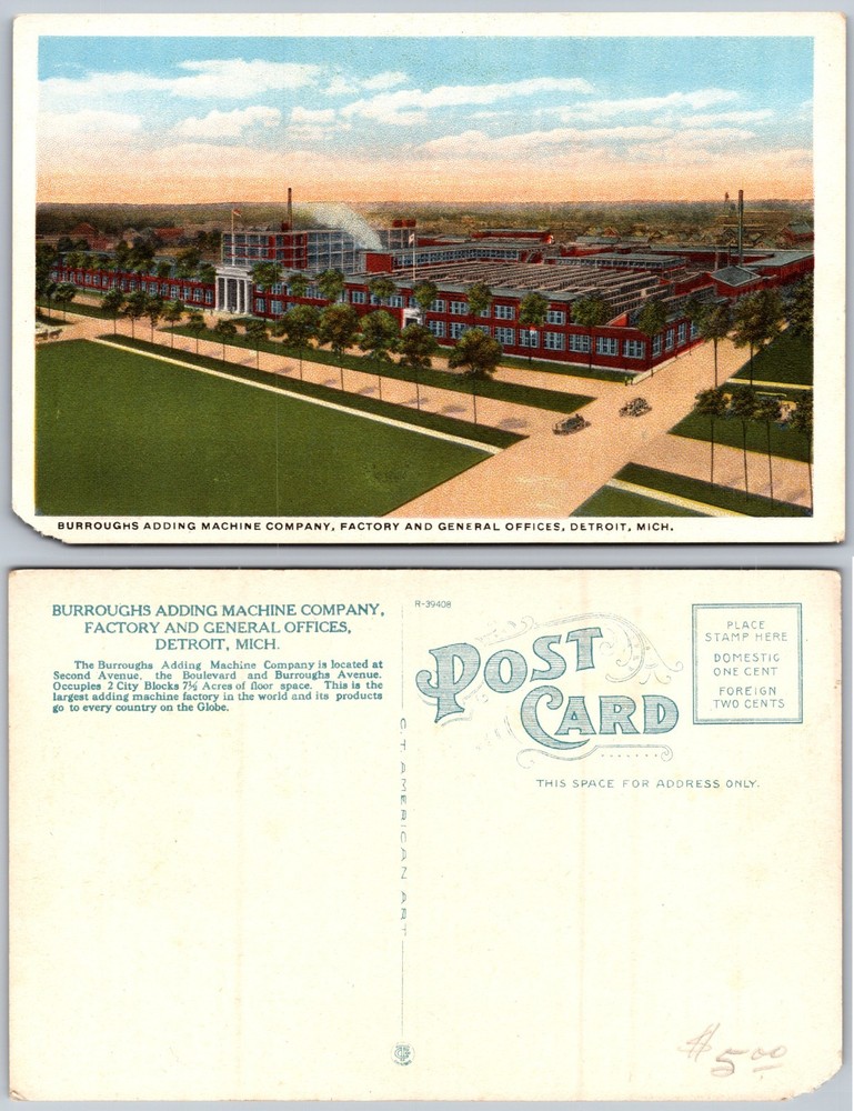 Burroughs Adding Machine Factory Detroit MI Postcard