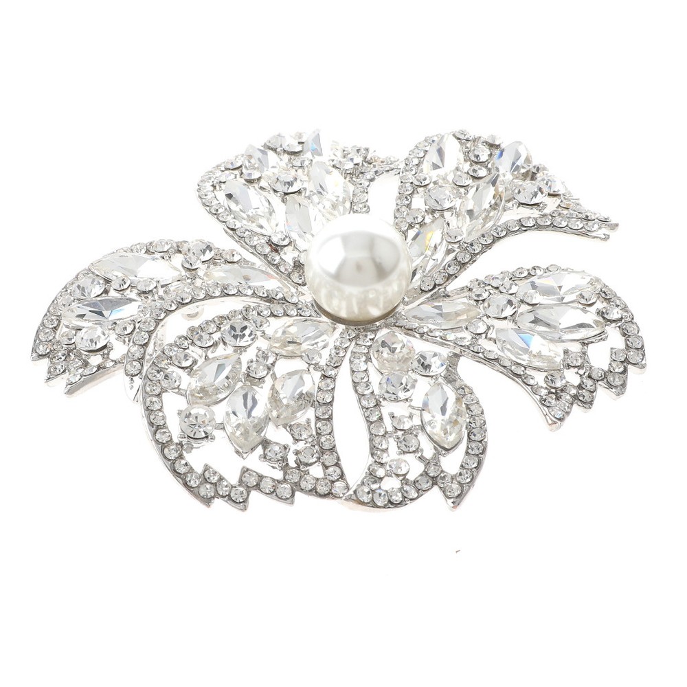 Silver Tone Metal Large Crystal Flower Brooch with Synthetic Pearl  P1536-SWP