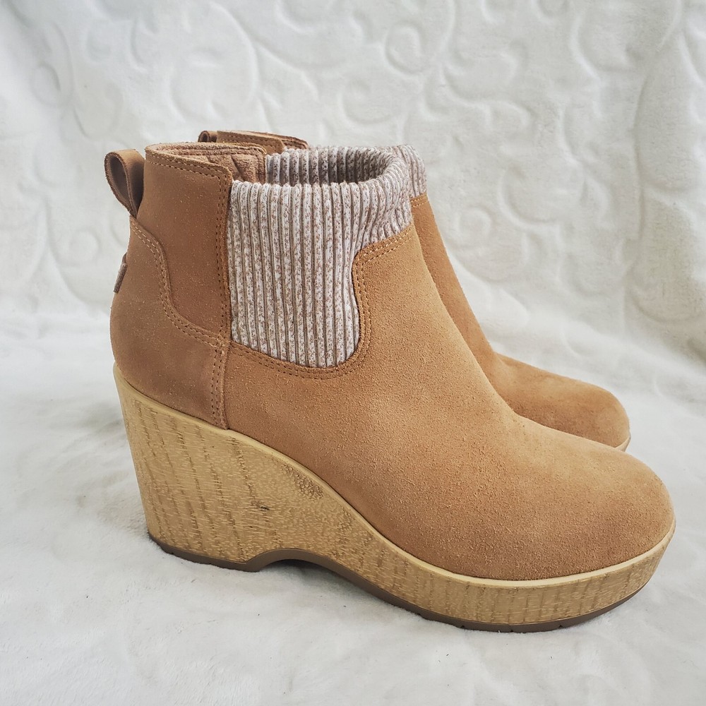 Dr.Scholls Womens Wedge Chelsea Ankle Boots Beige Size 7 Fabric Pull On