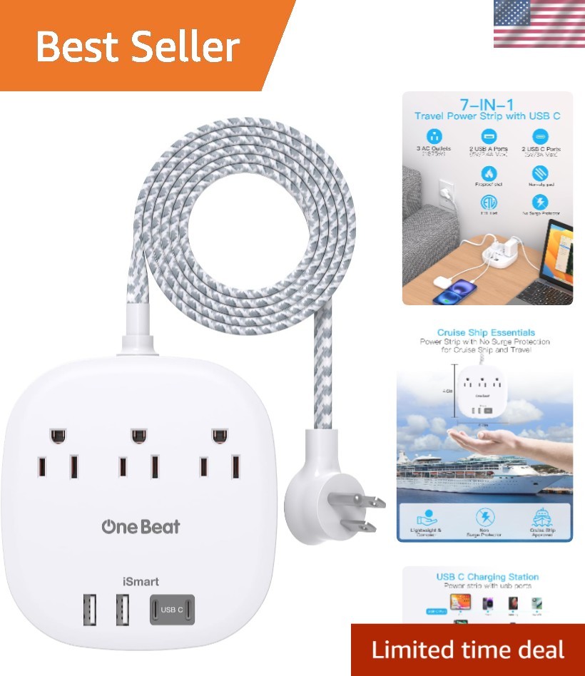 7-in-1 Cruise Power Strip with 3 Outlets & 4 USB Ports, Safe & Compact Design