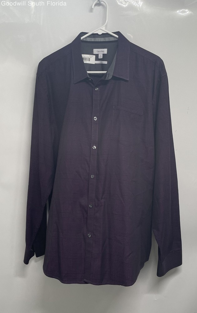 Calvin Klein Mens Purple Plaid Long Sleeve Spread Collar Button-Up Shirt Size XL