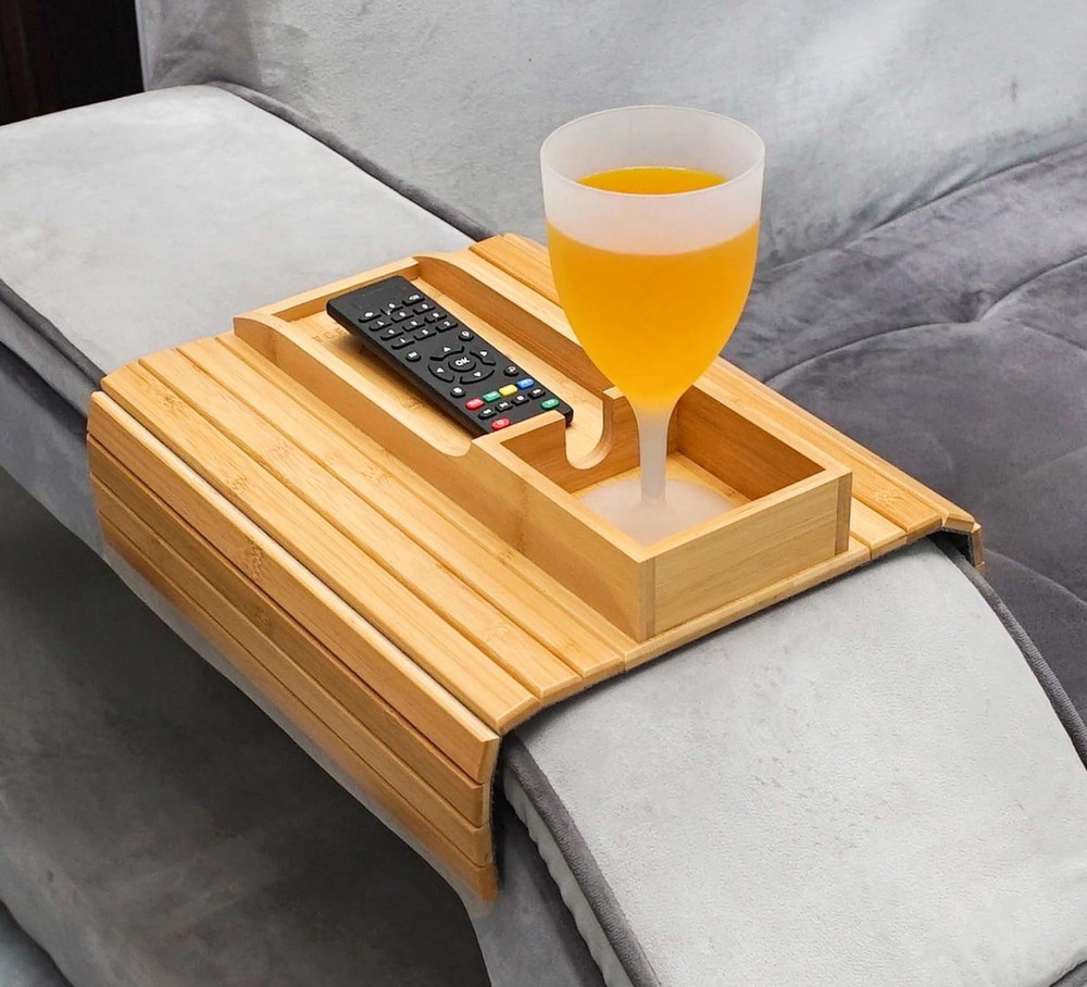 3-in-1 Bamboo Foldable Couch Armrest Tray with Cup Holder & Storage