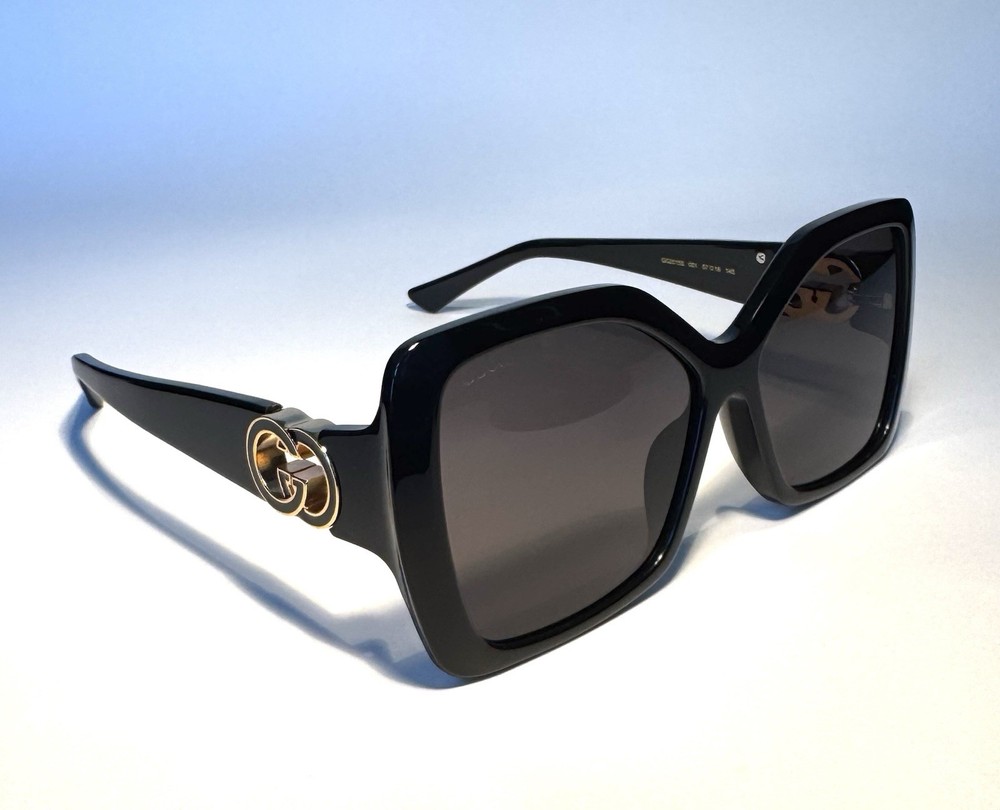 Gucci Square Gray Lenses Polished Black Acetate Frame