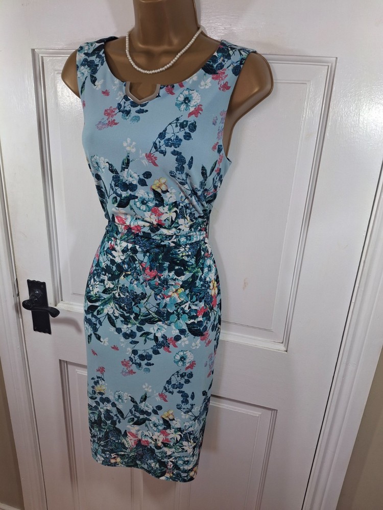 Joseph Ribkoff Blue Floral Lined Gold Adornment Dress, UK 12, New Without Tags