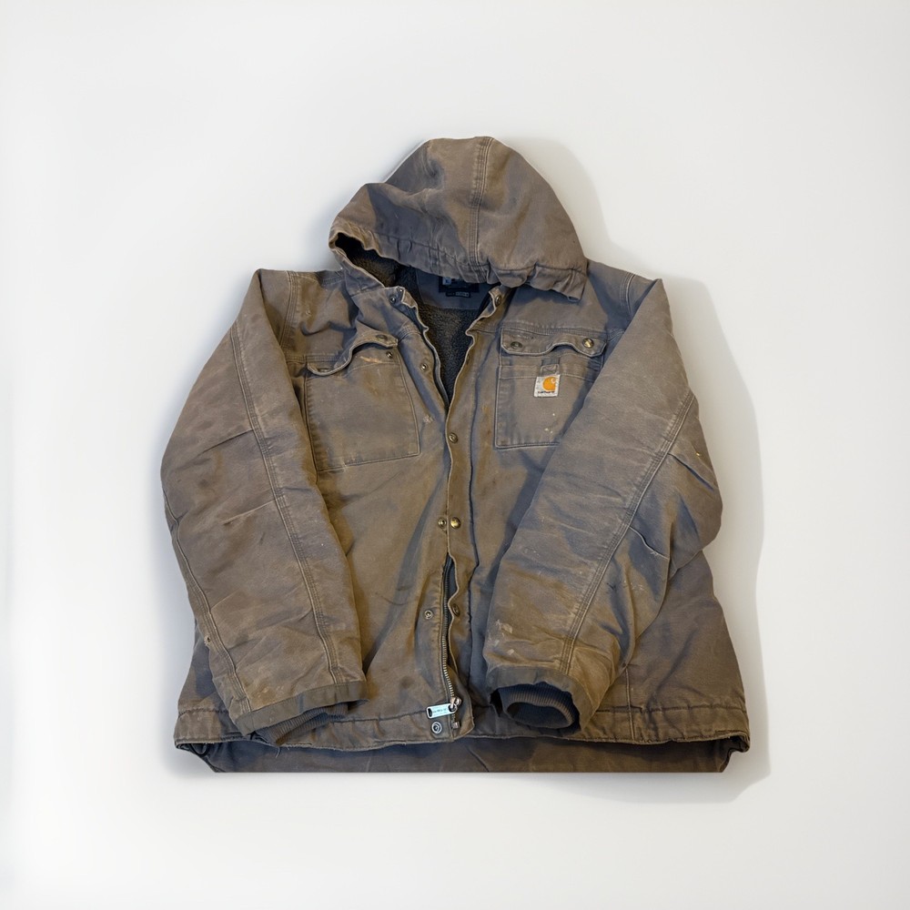 Carhartt Hooded Canvas Work Jacket Distressed Brown Sherpa Lined Men’s XL