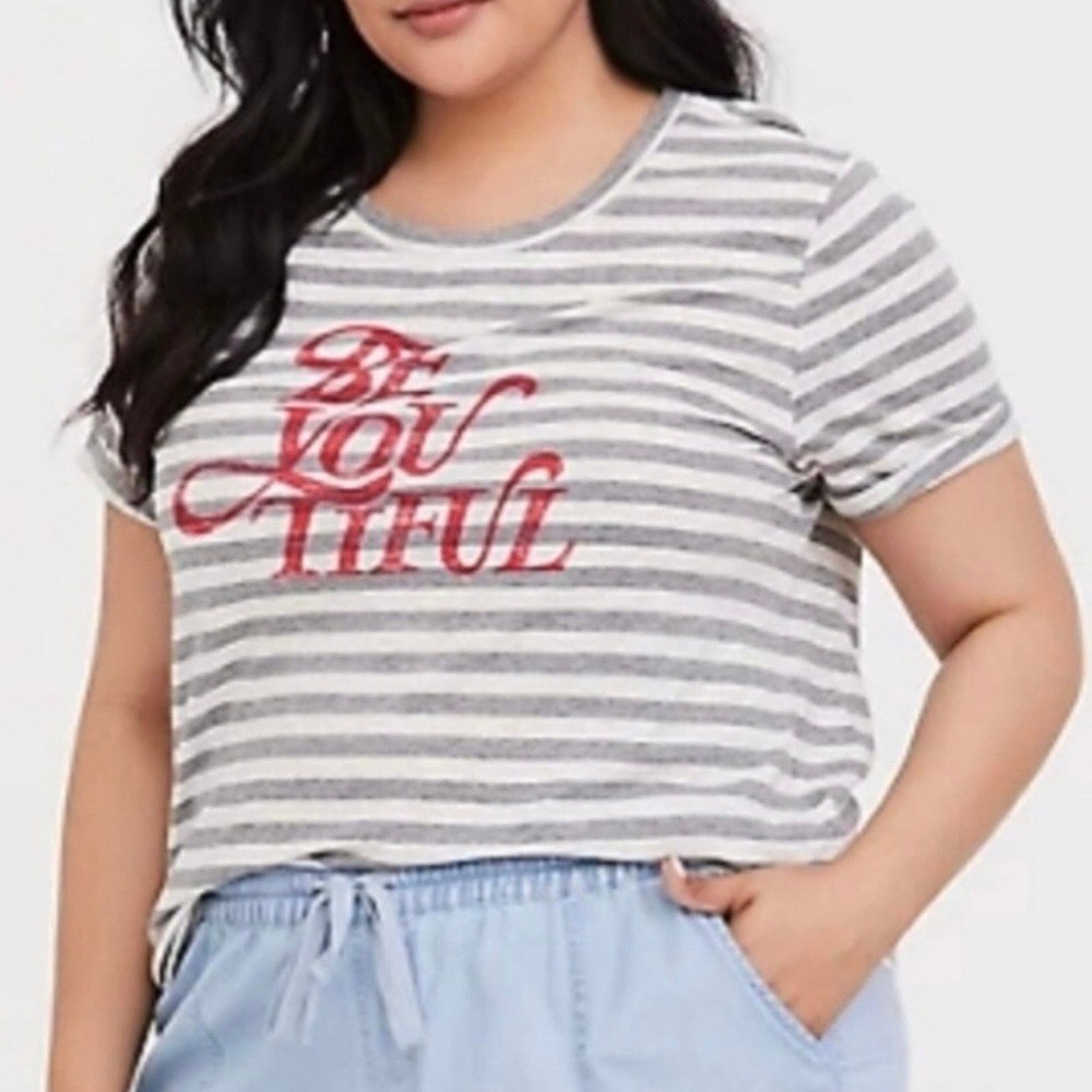 Torrid Graphic Tee Women's Size 1X Gray Striped Slim Fit Short Sleeve T-shirt