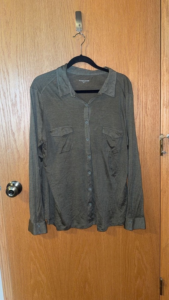 Eileen Fisher Silk Cotton Jersey Button Down Shirt Olive Green XL
