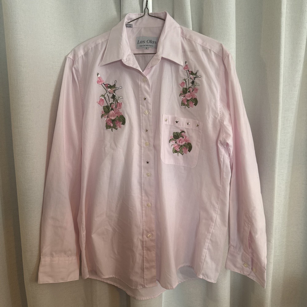 Las Olas Bird Embroidered Appliqué Button Up Shirt Pink Women’s Size Small