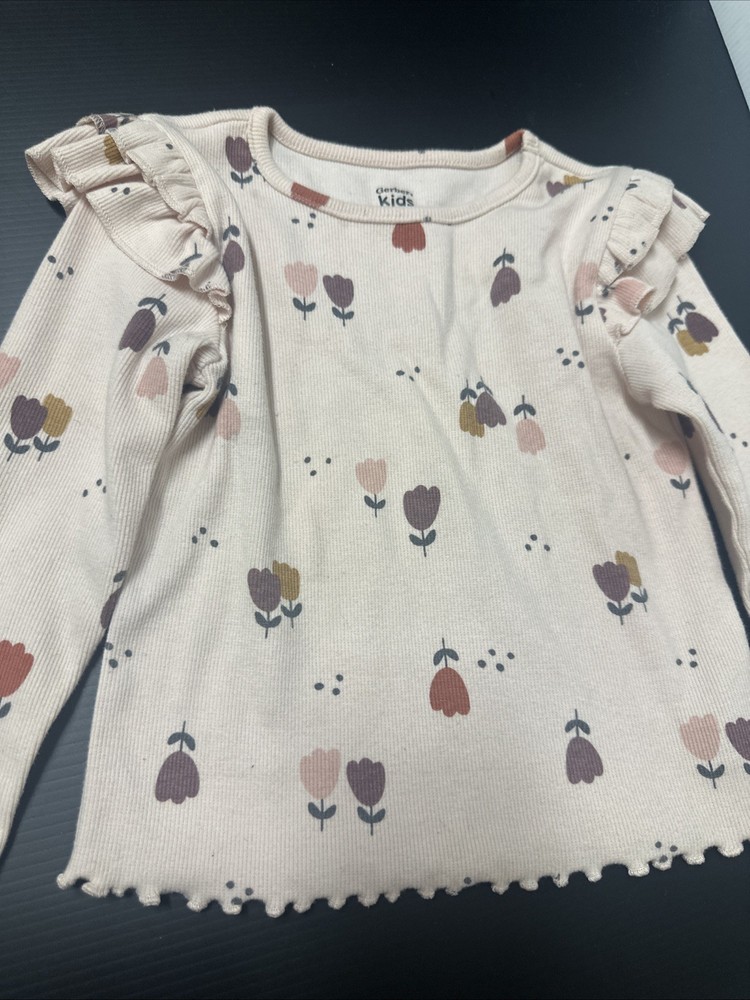 Gerber Kids Toddler Girl Long Sleeve Ribbed Shirt 3T Floral Ruffle Shoulder Pink