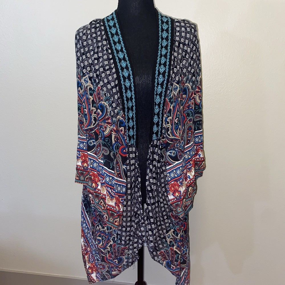 Flying Tomato Womens Printed Embroidered Rayon Kimono Cardigan Small