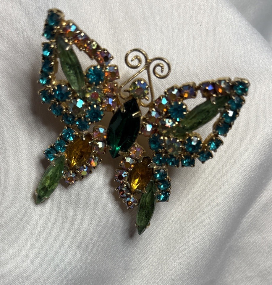 Juliana Green Topaz And Clear Rhinestone Figural Butterfly Brooch