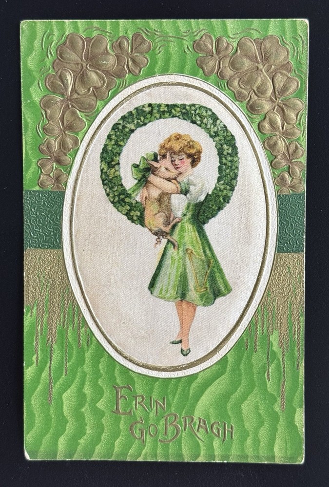 St Patricks Day Erin Go Bragh Silk Insert Postcard Girl with Piglet