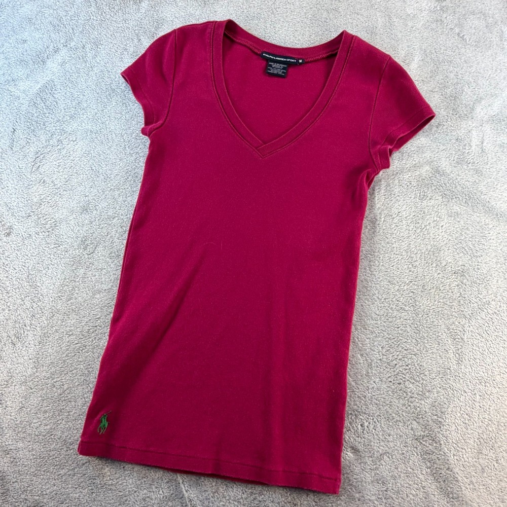 Ralph Lauren Sport Women's V Neck Pony Logo Tee Pink Medium