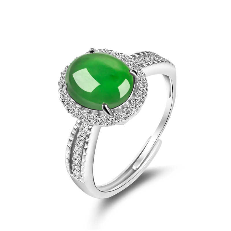 Certified Natural Inlay Ice Green Burmese Jade Jadeite Amulet Ring925 Adjustable