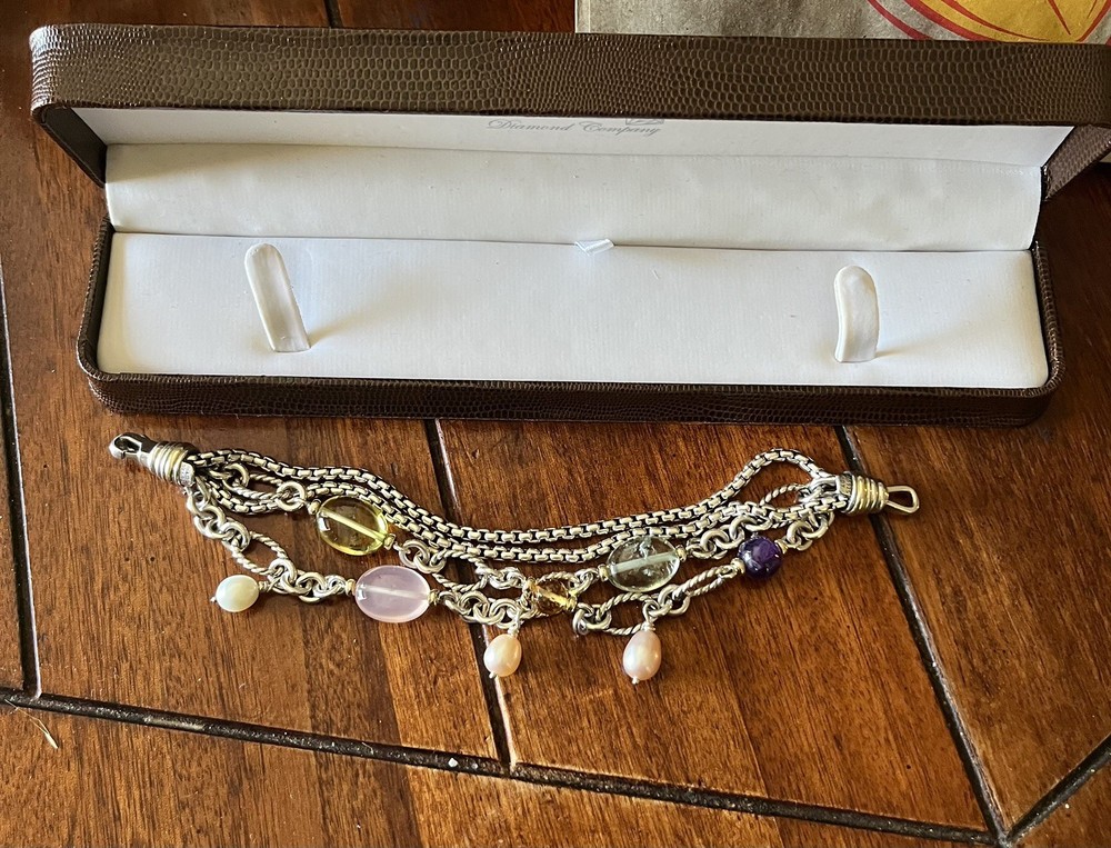 David Yurman 18K Gold Sterling Silver Multi Chain Pearl Crystals Bracelet 8”