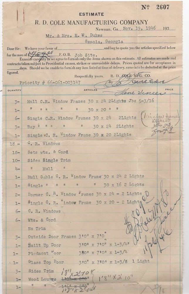 Vintage 1946 R. D. Cole Manufacturing Co. Estimate Letter Newnan Georgia